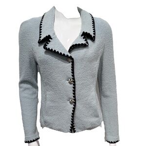 St. John Vintage Santana Knit Jacket Light Blue/Navy Trim Size 10